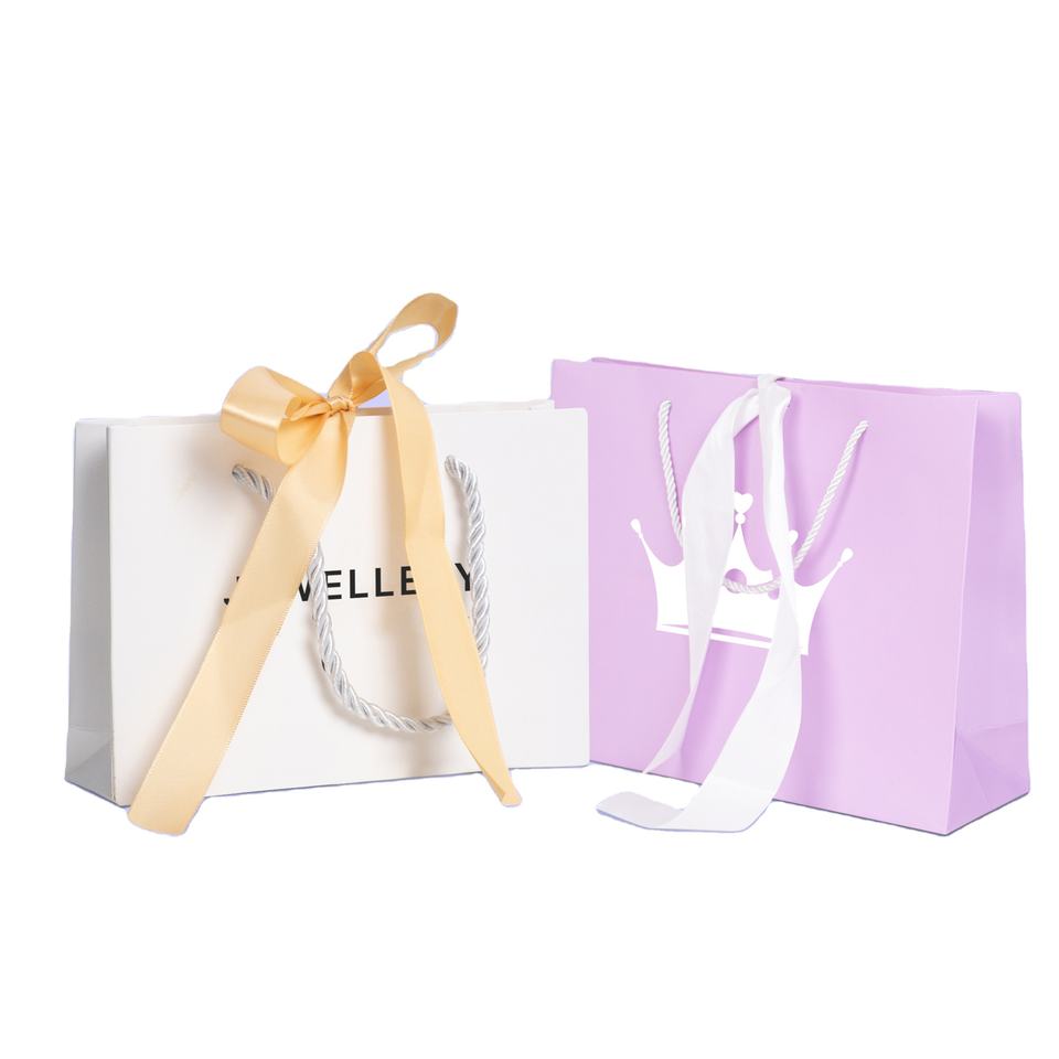 Customised Small Carry Paper Shopping Bags With Bow Tie Ribbon Handle Customer's Logo