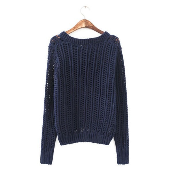 Crochet,Women Long Sleeve Mint Pink Pullover Crochet Hollow Knitwear O-neck Jacquard Sweat