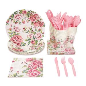 Wholesale Pink Floral Baby Shower Afternoon Tea Disposable Paper Tableware from china suppliers