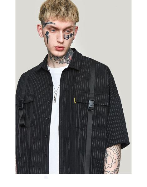 180gsm Spring Summer Striped Men Shirts Ribbons Patchwork Poplin Loose Lapel