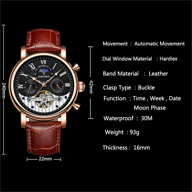 KINYUED Factory Customized Clock Movement Moon Phase Leather Strap Watch Mens Automatic Watch