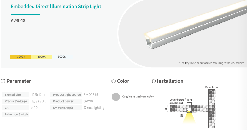 Embedded Direct Cabinet LED Strip Lights Custom Length High CRI >90 12/24V DC Aluminum Lighting
