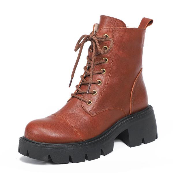 HZM038 Leather Women'S Boots Mid-Tube Boots Winter New Style Plus Velvet Warm