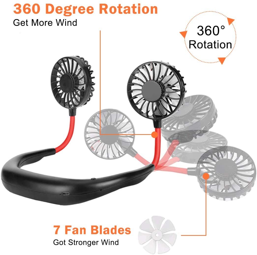 Folding 3 Speed 2000mAh 5hrs Portable Hanging Neck Fan