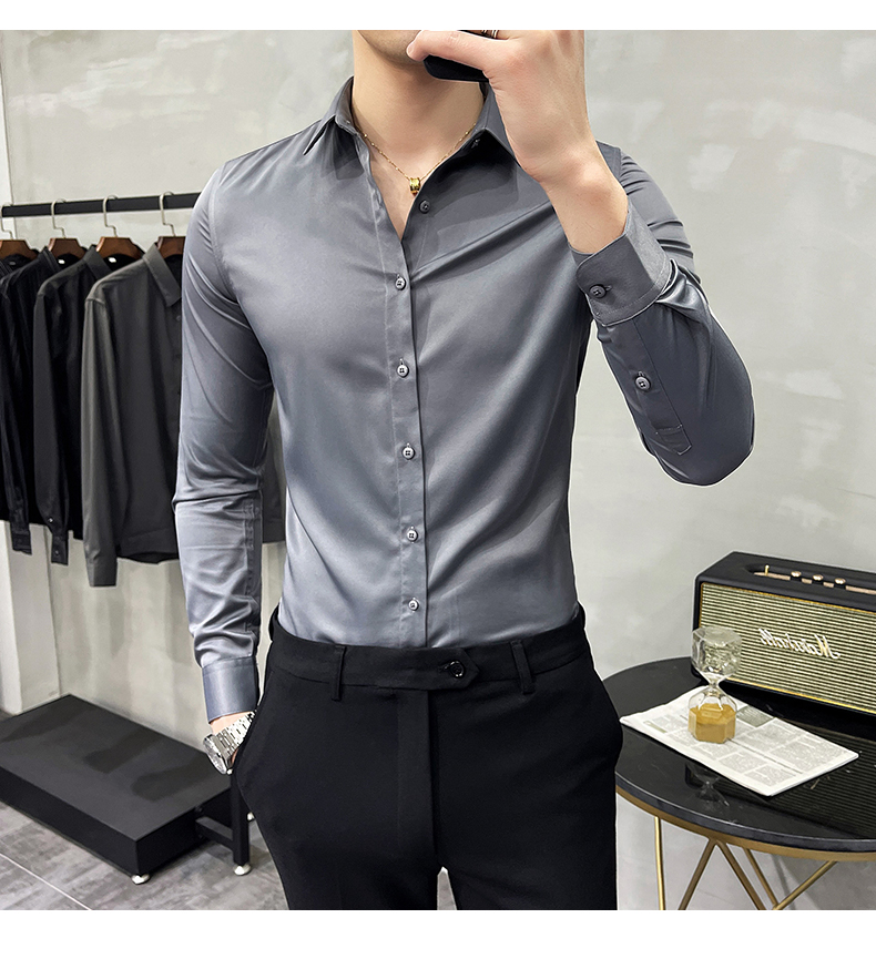 1000 Fashion Autumn Solid Color Long Sleeve Dress Men Clothes Shirts For Men Slim