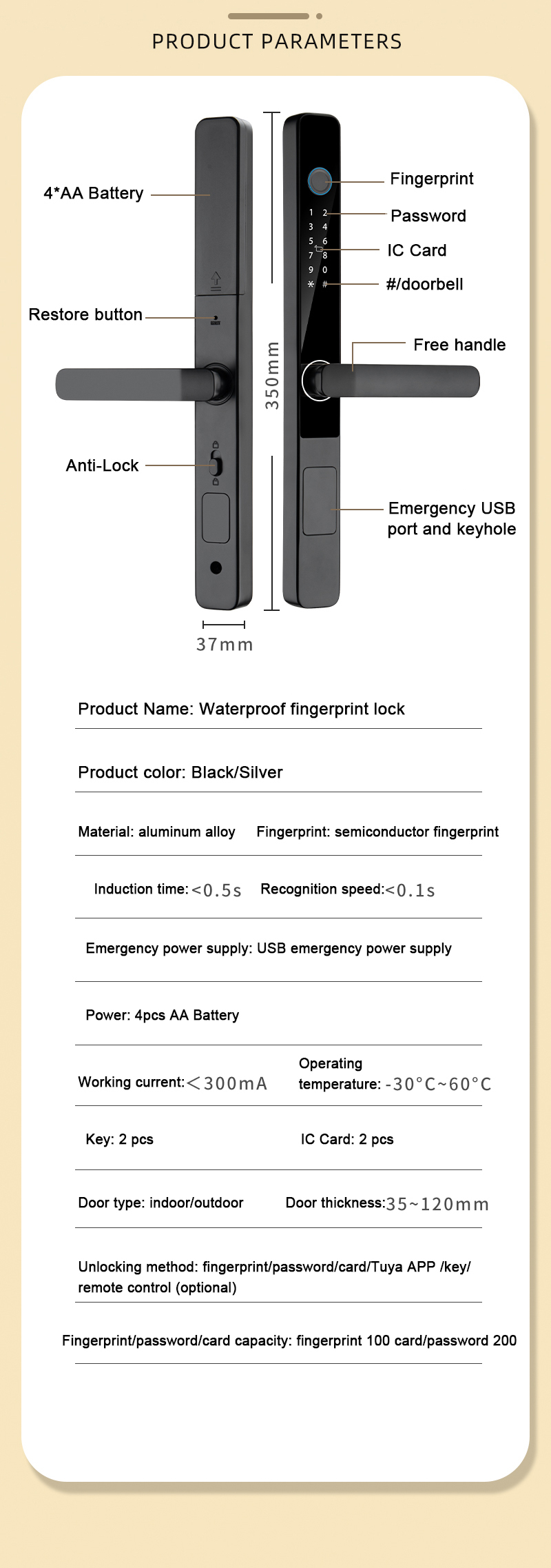 Qleung S608 Waterproof TTlock Tuya Smart Key Digital Locks Fingerprint Aluminum Electric Sliding Glass Door Smart Home Door Lock