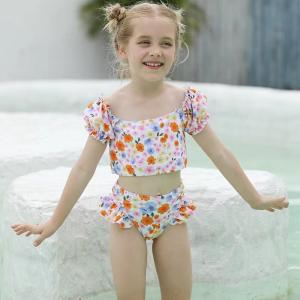 Wholesale Small Girls' Swimsuit Split White Printed Two Pieces Girl Swimsuit Lace Decoration Swimsuit from china suppliers