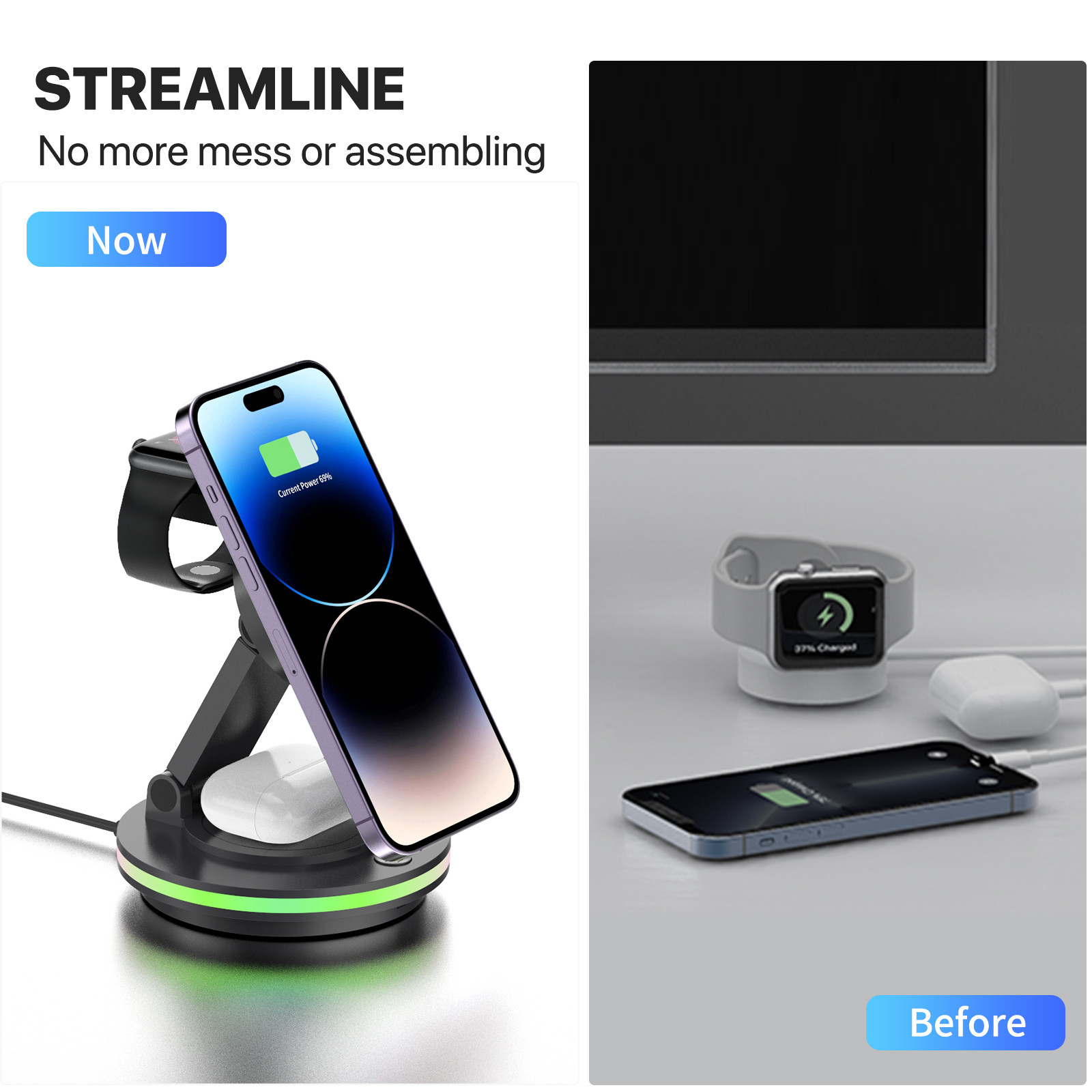 4 In 1 Magnetic Rotary Wireless Charging Station Foldable Stand PD/QC Input CE/FCC/RoHS Certified