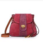 Nubuck Leather Bags Saddle Bag with Lock Closure Patchwork Shoulder bag