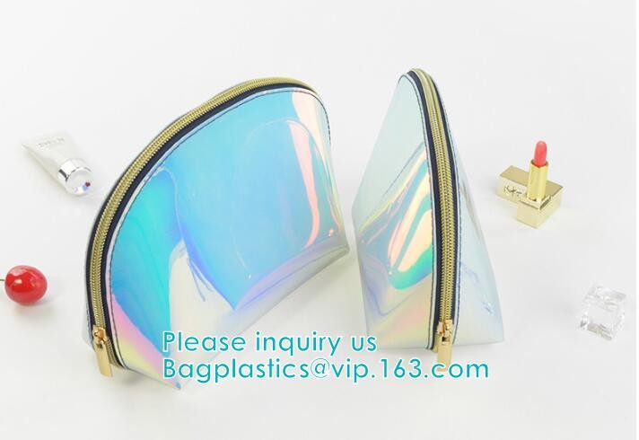 Custom Laser holographic hologram sewing pvc bag pvc cosmetic makeup bag,Women's Metallic Silver Iridescent Holographic