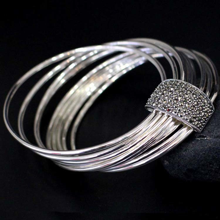 Women Nine Rows 925 Sterling Silver Marcasite Charm Bangle Bracelet(SY50013)