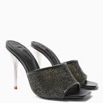 metallic flecked High Heels Pumps Stilettos Black Lace Square Toe Dress Shoes