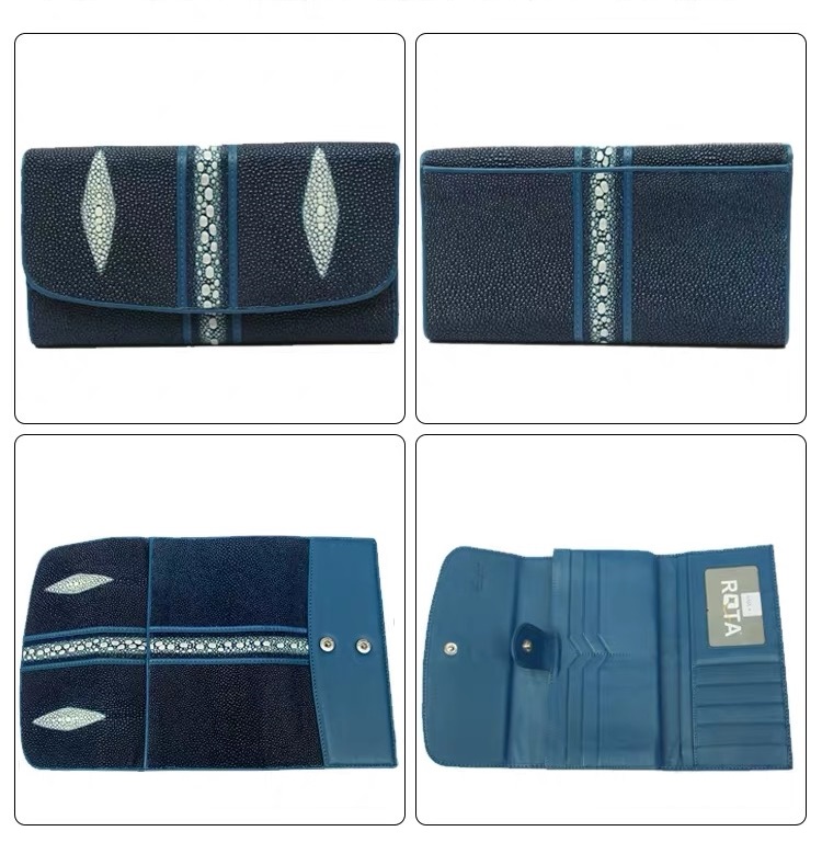 Stingray Skin Unisex Men Long Trifold Wallet Large Male Card Holders Genuine Leather Deep Blue Female Large Clutch Purse