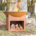 Round Outdoor Garden Wood Burning Corten Steel Fire Pit 3mm With Wood Storage