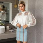 Lantern Sleeved High Neck Flared Blouse Chic Black High Waisted Lace Tops With