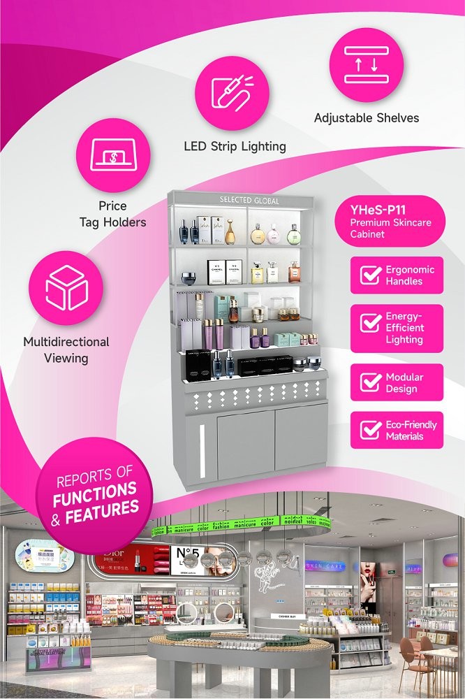 YHeS-P11 10*10 Mirror Stainless Steel Tube Skincare Display Rack for High-End Stores