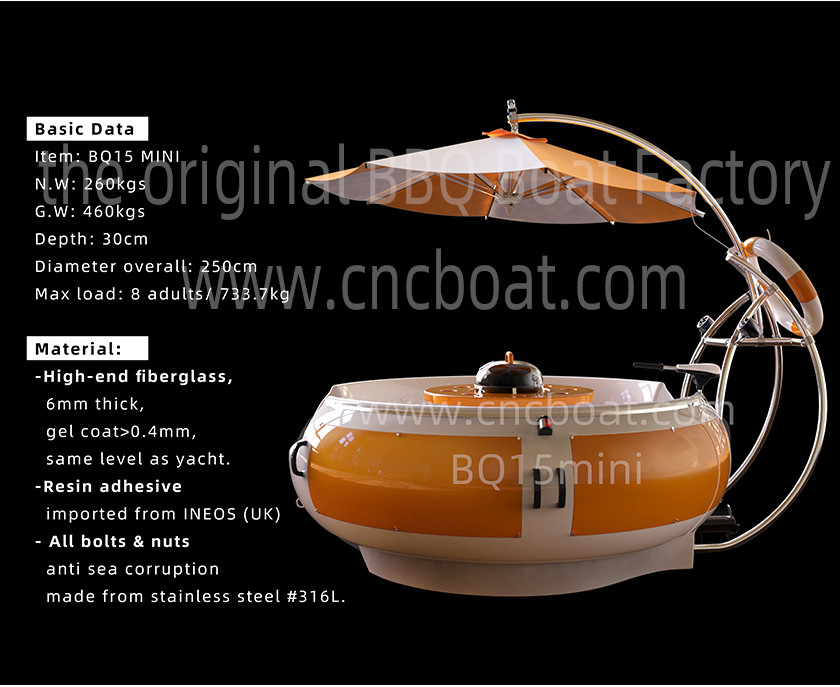 Depth 30cm FRP Fiberglass LLDPE 6 Seater Barbecue Boat