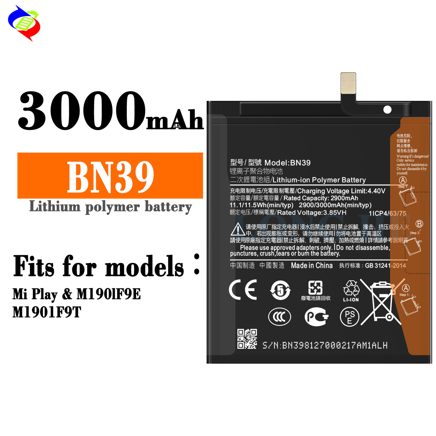 3.85V 3000mAh BN39 Battery Replacement for Xiaomi Mi Play and Products Status Stock