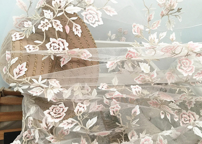 Exquisite Multi Colored Lace Fabric with Blush Pink And Metallic Yarn Embroidered