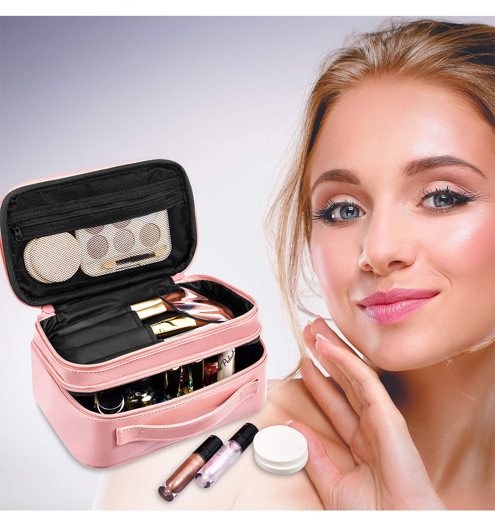 Double Layer Travel PU Leather Makeup Brush Holder Bag