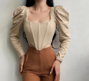 Wholesale Small Order Clothing Manufacturers Vintage Square Neck Long Puff Sleeve Boning Tunic Cropped Top from china suppliers