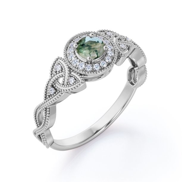 Art Deco Twisted Shank 0.58 Carat Round Cut Natural Transparent Moss Green Agate and Moissanite Milgrain Halo Engagement