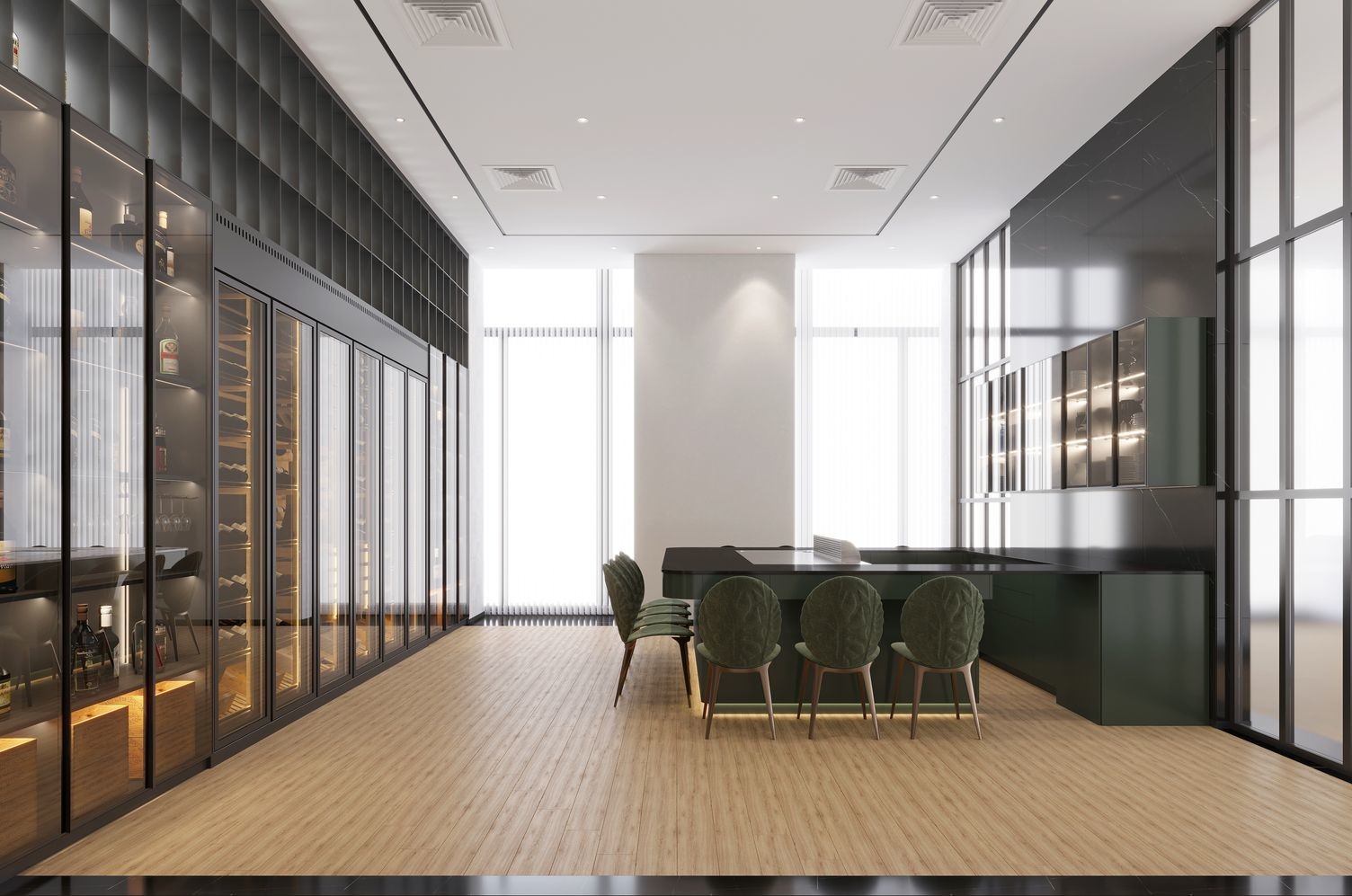 Full-Wall Stainless Steel Wine Cabinet With Storage And Seating In Elegant Black