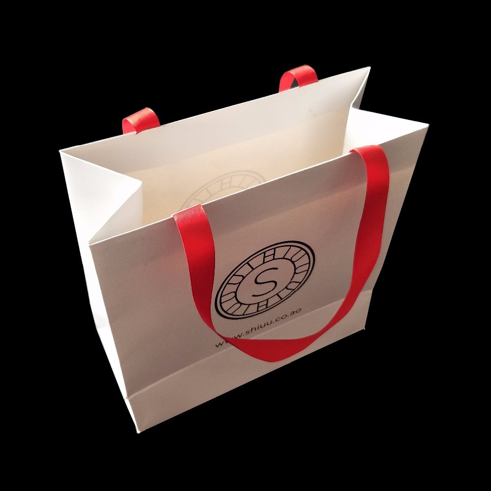 White 300 Gsm Matte Paper Shopping Bags Matte Lamination With Ribbon Handle