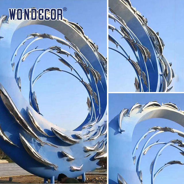 Large Outdoor Metal Art Abstract Marine Animal Swimming Fish School Stainless Steel Sculpture