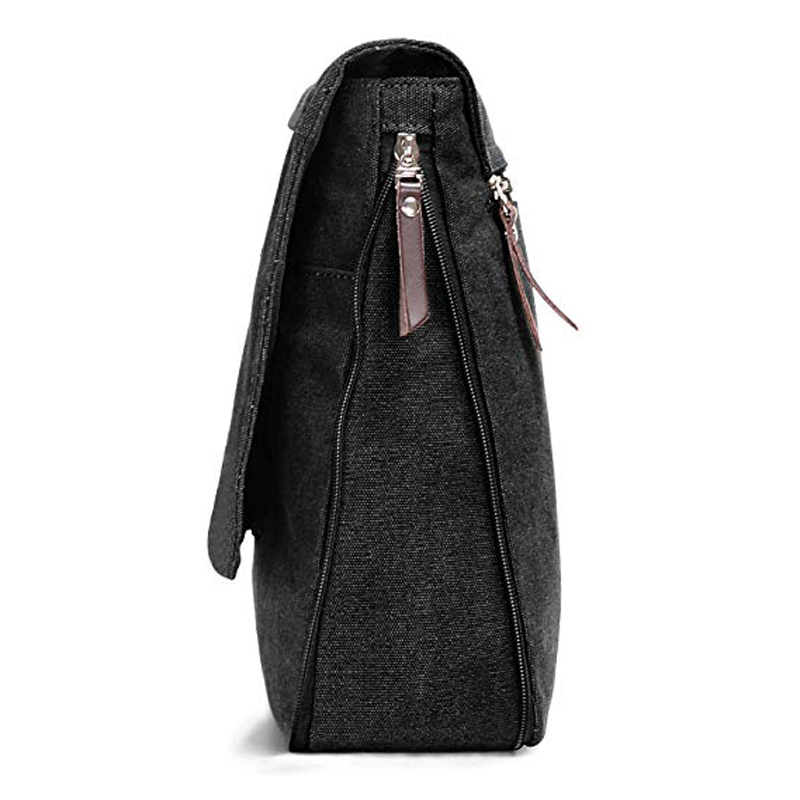 Black Shoulder Tote Bag Zippered , Long Strap Canvas Bag Strip Design Reusable