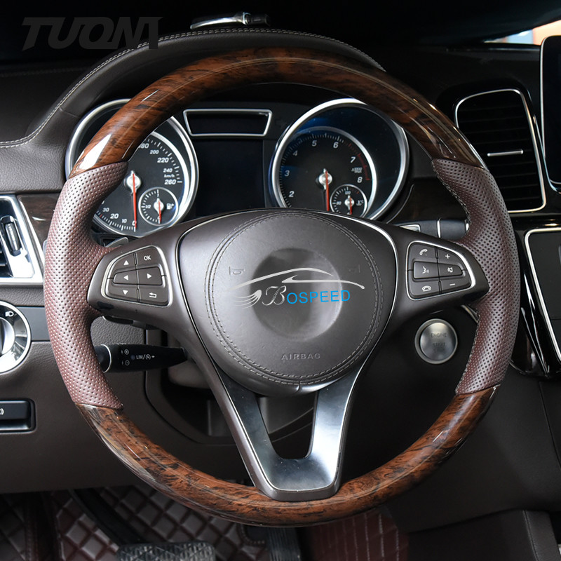 Mercedes Benz W205 Wood Steering Wheel Brown Perforated Leather Custom