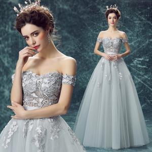 Wholesale Sexy Off The Shoulder Boat Neck Gray Lace Slim Waist Gorgeous Evening Dress TSJY092 from china suppliers