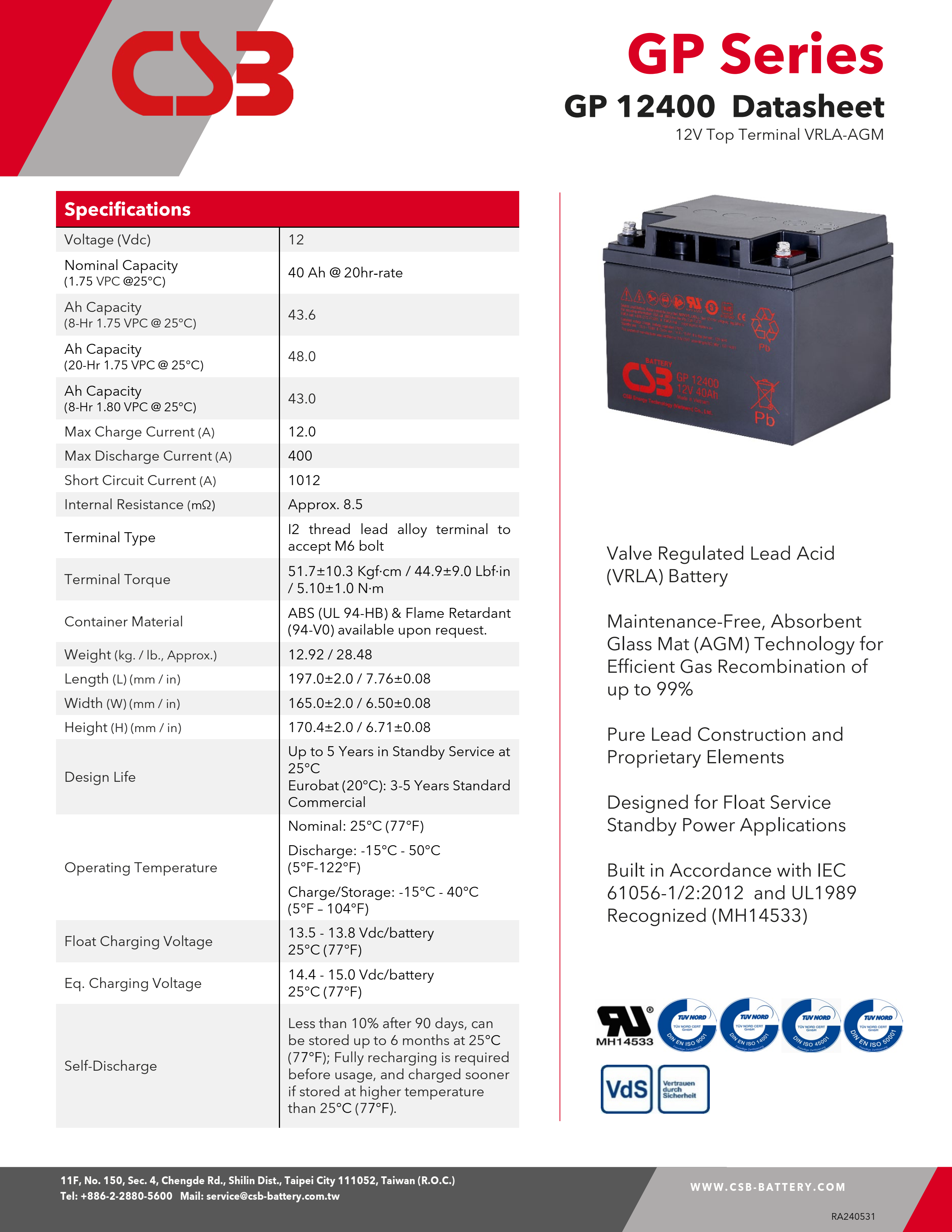 CSB GP12400 12V 40Ah Energy Storage Rechargeable VRLA 12V 40Ah CSB Battery