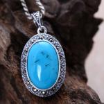 Women Vintage Necklace Sterling Silver Oval Turquoise Marcasite Charm Pendant