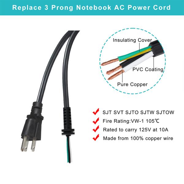NEMA 5-15P 3-Prong AC Power Cord 250V 13A Open Wiring