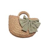 Brown Corn Skin Crochet Hand Bag Small With Green Scarf Bow Woven ODM