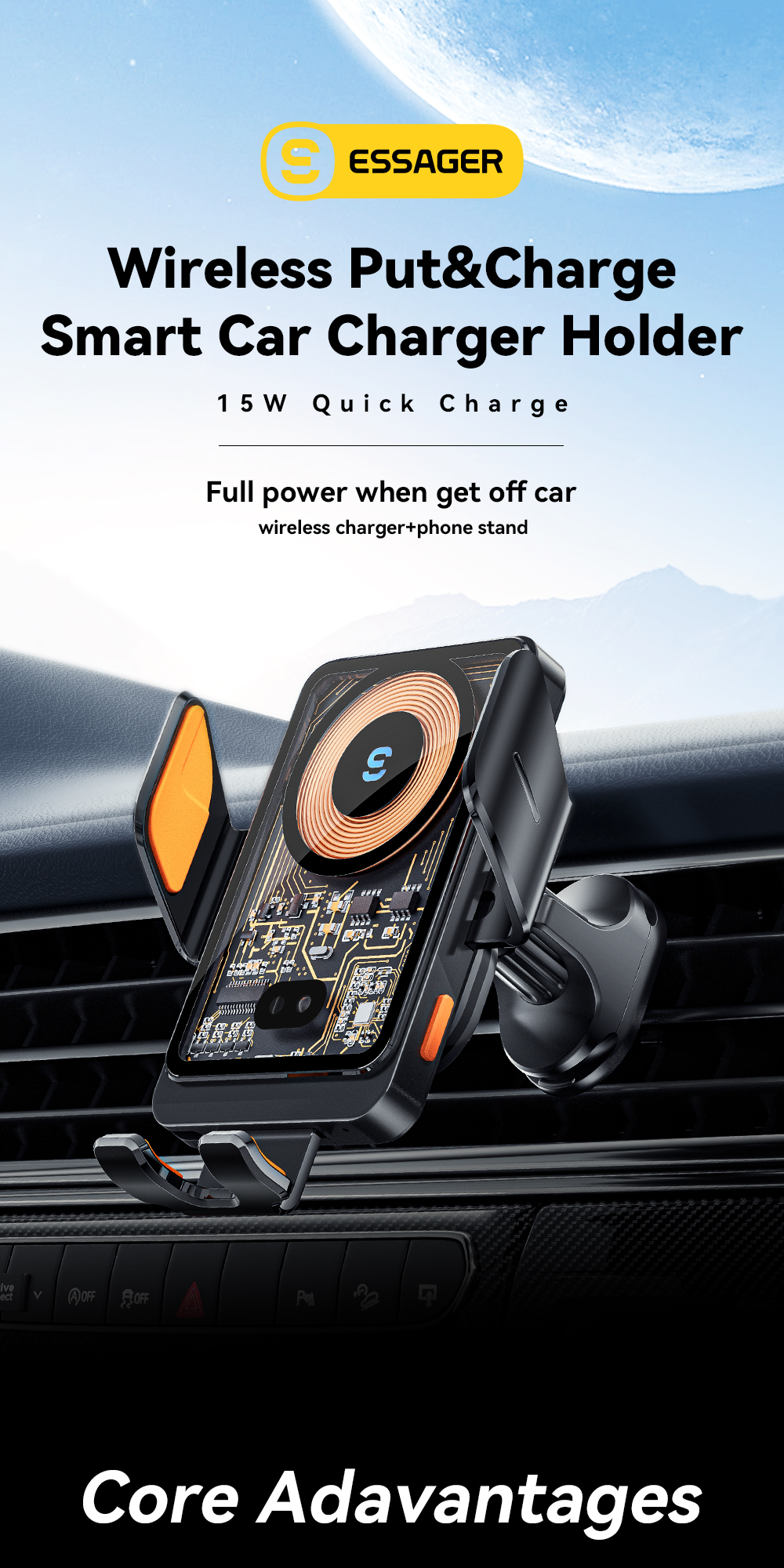 ESSAGER T11 Series Wireless Car Charger Holder Wireless Charging Phone Stand 5V/2A