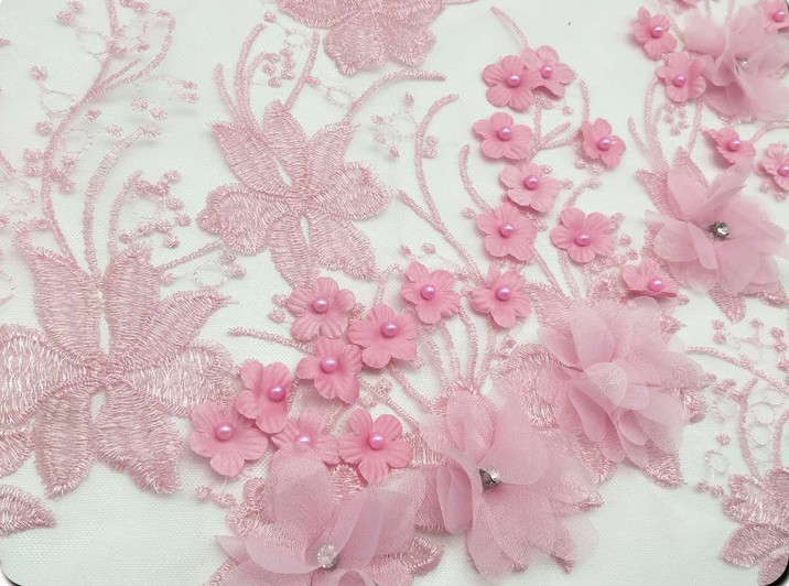 Polyester 3D flower embroidered Lace fabric with bead for women garments
