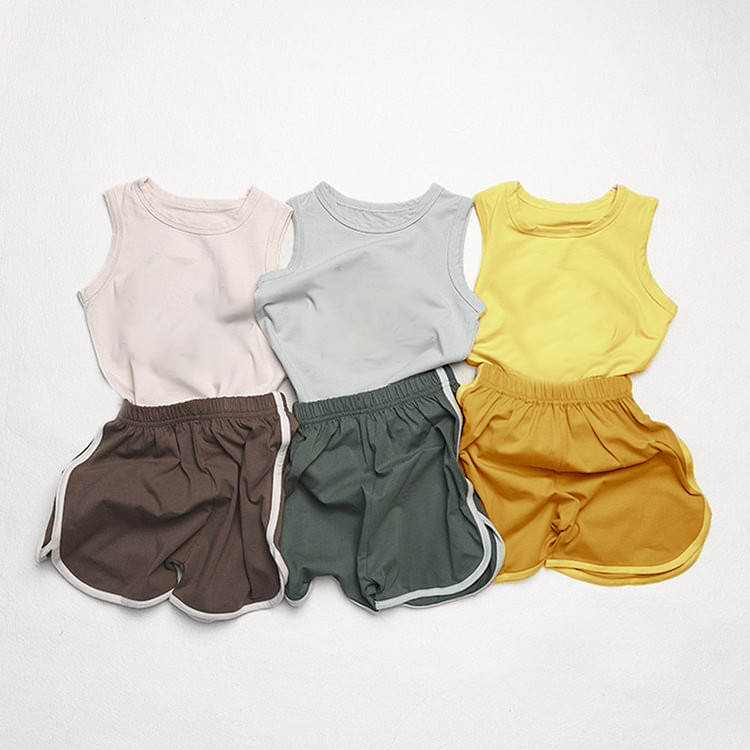 Little Girl Boy Two Pieces Jersey Tank Top Set Cotton Summer Tee & Shorts Printed