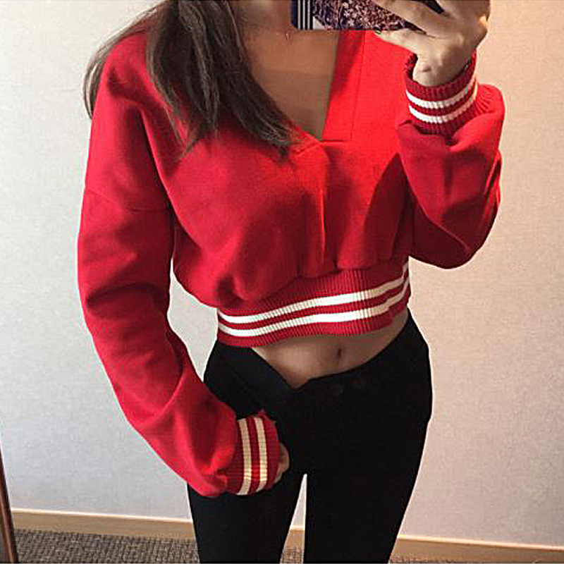 Fashion Women'S Drop Shoulder Sweatshirt , V Neck Crop Top Pullover Red Black