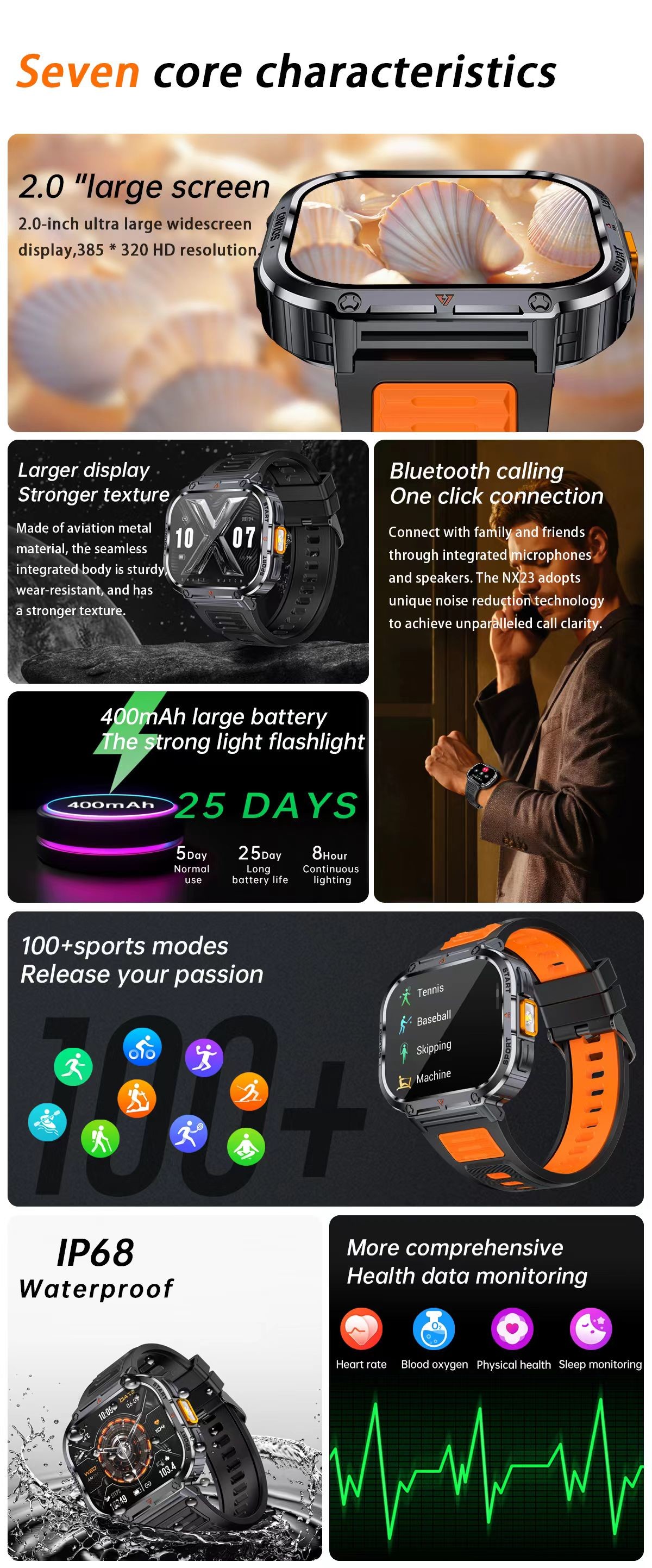 NX23 Men Smart Watch 2.0 Inch BT Call Music Player Smartwatch Multisport