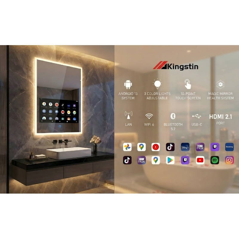 Kingstin Smart Bathroom Mirror Cabinet with Built-in TV & Storage, Android OS Touchscreen Magic Mirror
