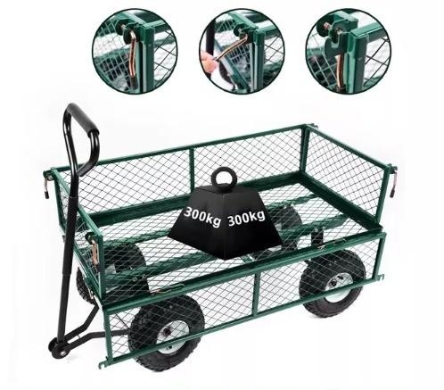 Industrial Garden Wagon Cart 300kg Capacity And Metal Wire Spoke Garden Trolly