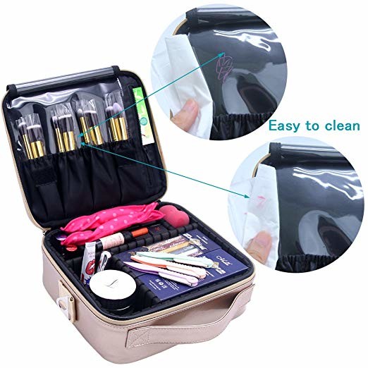 Rose Gold Travel Makeup Train Case , Makeup Storage Bag With Adjustable Shoulder Strap