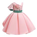 Fashion Single Sleeve Flower Girl Dress Single Shoulder Green Pearl Belt Dress