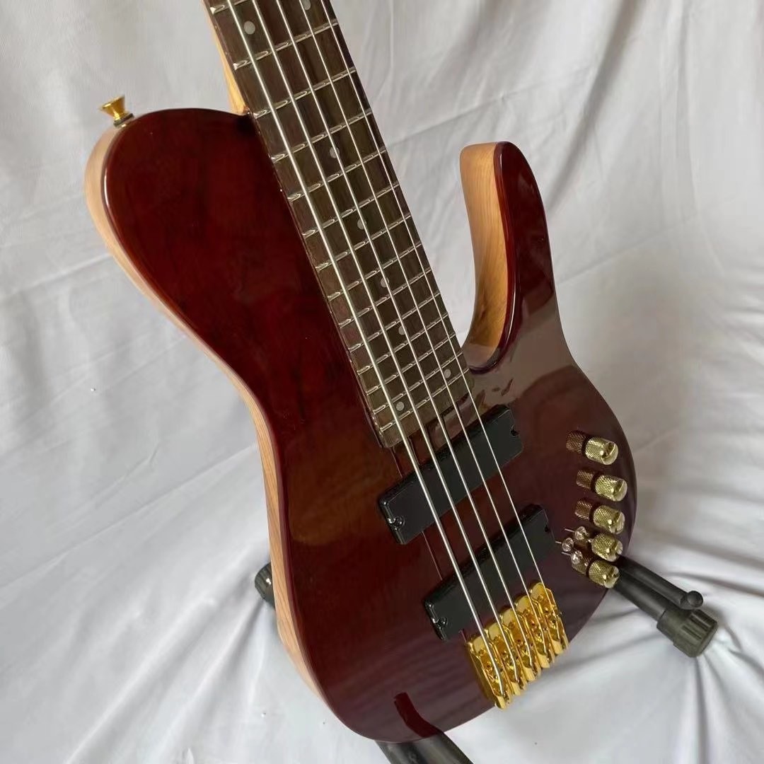 Custom Natural Wood Burl 5 Strings Electric Bass Guitar Maple Neck Through Ash Body