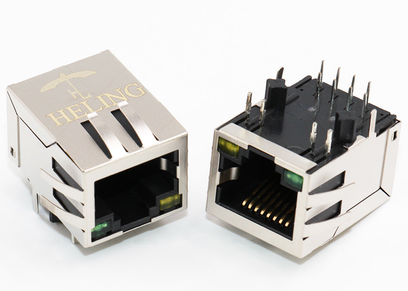 Right Angle 8P8C RJ45 Female Connector 10 / 100 Base - T Magnetic With G / Y LED Pipes