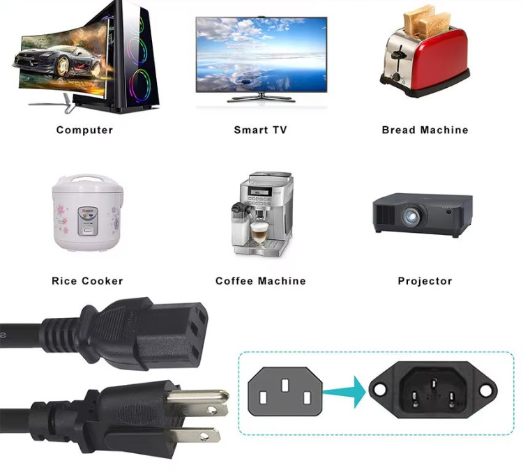 USA 125V Power Cord in Black PVC with NEMA 5-15P Connector