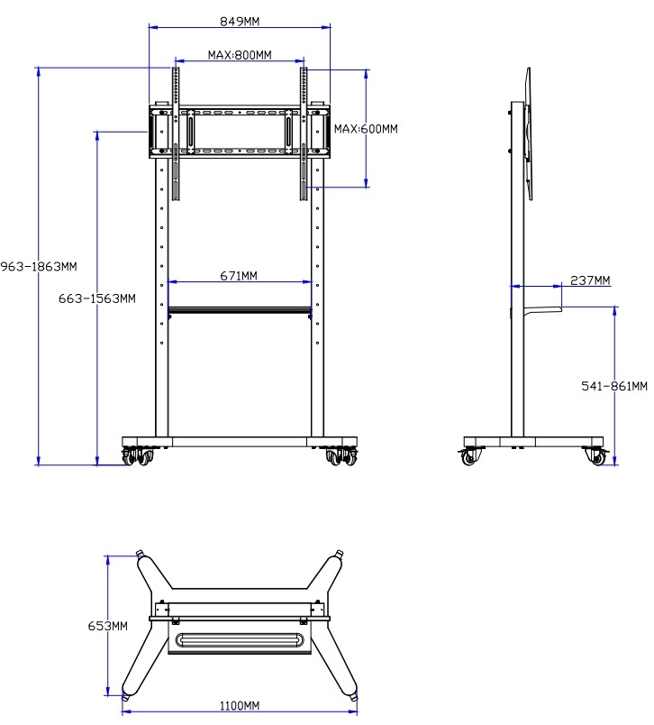 55"- 86" Adjustable Mobile TV Stand With Wheels, Compatibility For 43"-100" Flat/Curved Screens Up To 220 Lbs Steel Frame, 5 Height Options, Rolling