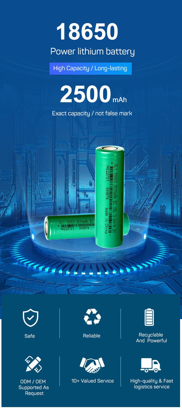 Long Cycle 3.6V 2500mah Rechargeable Lithium Ion Battery Cell 18650 High Power RoHS